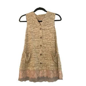 LOGO Button Down Vest/Tunic With Lace Chiffon Hem Sz XXS